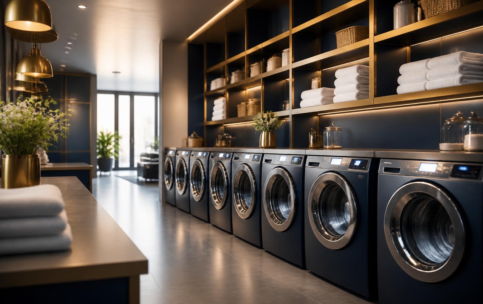 Premium laundry facility with navy and gold styling